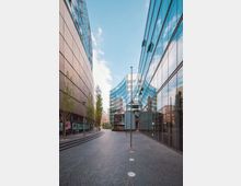 Moderne Straßenansicht mit hohen Gebäuden aus Glas und Stahl auf beiden Seiten. Der gepflasterte Weg verläuft geschwungen, flankiert von Bäumen und vereinzelten Straßenlaternen; im Hintergrund sind weitere Gebäude sichtbar.