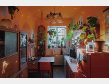 Eine gemütliche Küche mit orange gestrichenen Wänden, einem Fenster am Ende, das von Pflanzen in Töpfen und Hängegefäßen umgeben ist. Die Einrichtung umfasst Holzmöbel, offene Regale mit Geschirr und Dekor sowie einen Esstisch mit Stühlen im Vordergrund.