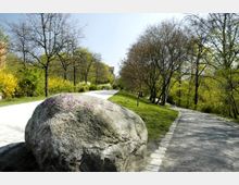Ein Parkweg mit hellen Kieswegen, gesäumt von Bäumen und Sträuchern mit frischem Frühlingslaub. Im Vordergrund liegt ein großer Felsen mit grauer Oberfläche, leicht von Graffiti bemalt.