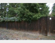 Holzzaun mit dunklen Holzlatten, teils bewachsen mit Efeu, vor einer Reihe von Nadelbäumen; daneben eine Laterne auf einem gepflasterten Weg.