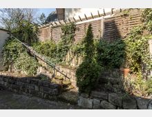 Ein kleiner Gartenbereich mit einer Natursteintreppe, die von einem Metallgeländer begleitet wird, umgeben von mit Efeu bewachsenen Holzzäunen und einigen Pflanzen, darunter ein kleiner Baum in einem Blumentopf. Im Hintergrund ist ein modernes Gebäude zu erkennen.