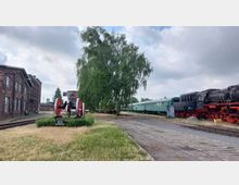 Eisenbahnmuseum mit historischen Zügen, darunter eine schwarze Dampflokomotive und grüne Personenwaggons, sowie einem roten Fahrwerk als Ausstellungsstück im Vordergrund. Links befindet sich ein langes Backsteingebäude, umgeben von Wiesen und Bäumen.