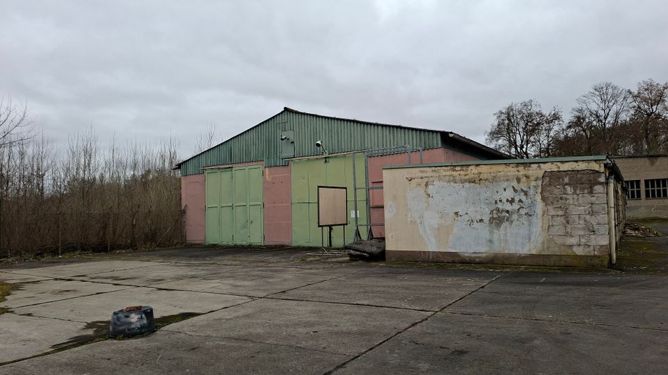 Verlassene Industriehalle mit grünem Wellblechdach und großen, hellgrünen Toren auf einem weiten Betonplatz. Daneben steht ein niedriger Anbau mit stark abgeblättertem Putz; im Hintergrund sind kahle Bäume unter grauem Himmel zu sehen.