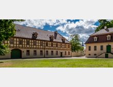 Ein historische Gebäudeensemble mit Fachwerk und verputzten Fassaden, bestehend aus einem großen rechteckigen Gebäude links mit grünen Toren und einem kleineren Gebäude rechts mit Freitreppe. Im Vordergrund ist eine Grünfläche, im Hintergrund sind Bäume und ein Kirchturm sichtbar.