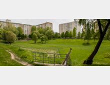 Grüne Parklandschaft mit Bäumen im Vordergrund, einer Wiese und einem schmalen Weg. Im Hintergrund stehen mehrere hohe Wohnblöcke im Plattenbaustil.