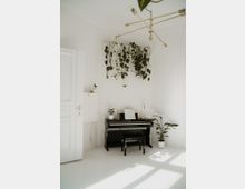 Heller, minimalistischer Raum mit einem schwarzen Klavier, einem Hocker und einer Notenmappe darauf. Über dem Klavier hängt eine Rankpflanze, daneben stehen Zimmerpflanzen in weißen Töpfen; eine goldene Lampe mit mehreren Armen hängt von der Decke.
