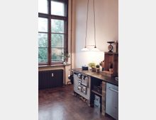 Rustikale Küche mit einem Holzofen, dekoriert mit Pflanzen und Küchenutensilien; links ein großes Fenster mit Blick ins Grüne und ein dunkler Heizkörper darunter. Hängelampen beleuchten die Arbeitsfläche.