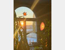 Ein Raum mit großen Pflanzen im Vordergrund und einem halbkreisförmigen Fenster im Hintergrund, durch das die tiefstehende Sonne hereinscheint. Am Fenster hängt eine Sonnen-Dekoration, und die Szenerie ist in warmes, goldenes Licht getaucht.