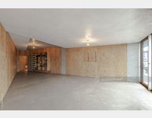 Minimalistischer Innenraum mit Wänden aus hellem Sperrholz, einem Betonboden und einer eingebauten Regalwand mit verschiedenen Gegenständen. Rechts befinden sich große Fenster, die Tageslicht in den Raum lassen.