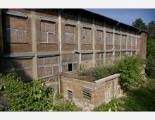 Ehemalige industrielle Backsteinhalle mit zugemauerten und mit Holzplatten bedeckten Fenstern, umgeben von Bäumen und wildem Bewuchs. Im Vordergrund steht ein kleines, ebenfalls verfallenes Gebäude aus Backstein mit überwucherten Flächen.