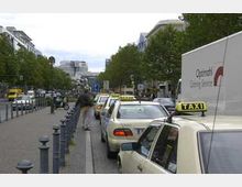Reihe von Taxis, die am Straßenrand in einer urbanen Umgebung stehen, flankiert von Gehwegen mit Pollern und Bäumen; im Hintergrund sind mehrspurige Straßen und moderne Gebäude zu sehen.