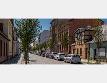 Eine gepflasterte Straße in einer Wohnsiedlung mit Reihenhäusern unterschiedlicher Architektur, darunter Fachwerk-, Backstein- und verputzte Gebäude. Entlang der Straße stehen geparkte Autos und frisch gepflanzte Bäume, mit einem klaren Himmel im Hintergrund.