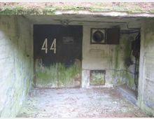 Betonraum mit einer großen schwarzen Stahltür, die die Zahl "44" trägt. Die Wände und der Boden sind teils mit Moos und Grünalgen bedeckt, und ein kleiner Lichtschacht sowie alte technische Installationen sind an der rechten Wand sichtbar.