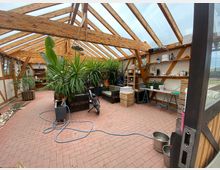 Ein heller Innenraum in einem Gewächshaus-Stil mit Holzträgern und einem durchsichtigen Dach. Der Raum hat rote Pflastersteine als Boden, Regale mit Utensilien an der Wand, mehrere große Topfpflanzen und verstreute Gegenstände wie einen Schlauch und einen Eimer.