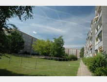 Mehrgeschossige Plattenbau-Wohngebäude mit Balkonen, flankiert von einem grünen Rasen mit Wäscheleinenstrukturen in der Mitte. Ein schmaler Gehweg verläuft entlang eines Gebäudes, daneben sind Sträucher und Bäume vor einem klaren Himmel.