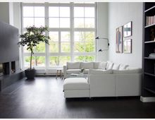 Helles Wohnzimmer mit großen, bodentiefen Fenstern, die viel Tageslicht hereinlassen. Eine helle Eckcouch, ein dunkelgrauer Kamin, ein Bücherregal und eine Zimmerpflanze in einem Topf dominieren den Raum, der durch dunklen Holzboden ergänzt wird.