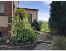 Ein gepflasterter Gehweg führt an einem mit Kletterpflanzen bewachsenen Hauseingang aus gelbem Putz und roten Ziegeln vorbei. Im Vordergrund steht eine kleine Gartenanlage mit Sträuchern und einem aufgerollten gelben Gartenschlauch; im Hintergrund sind Büsche, Bäume und ein offener Gartenbereich zu sehen.