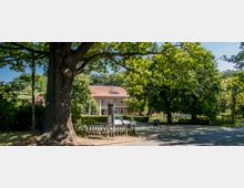 Großer Baum im Vordergrund einer parkähnlichen Landschaft mit Kopfsteinpflasterweg und Informationstafeln. Im Hintergrund steht ein zweistöckiges Backsteingebäude mit rotem Ziegeldach, umgeben von Bäumen und Grünflächen.