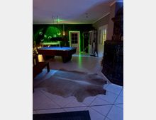 Wohnraum mit Billardtisch auf hellem Fliesenboden, vor einer dunkelgrünen Pflanzenwand mit dekorativen Motiven und grüner LED-Beleuchtung um eine Tür. Rechts stehen ein großer dunkler Kachelofen, weiße Schrankmöbel und Glastüren; auf dem Boden liegt ein helles Fell.