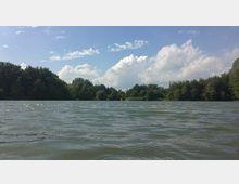 Ein ruhiger See mit welliger Wasseroberfläche, umgeben von dichter Baumvegetation. Im Hintergrund ist ein blauer Himmel mit vereinzelten Wolken sichtbar.