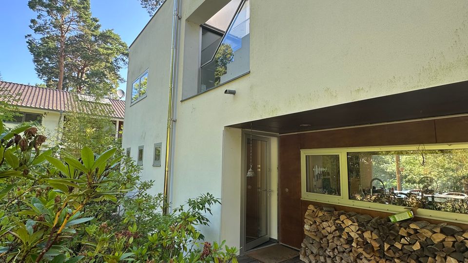 Außenansicht eines modernen, kubischen Wohnhauses mit heller Putzfassade und flachem Dach, umgeben von Sträuchern und hohen Kiefern. Sichtbar sind ein zurückgesetzter Eingangsbereich mit Holzverkleidung, schmaler Tür, langem Fenster und gestapeltem Brennholz sowie große, eckige Fensteröffnungen.