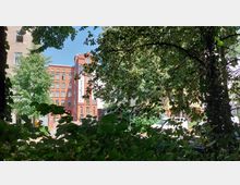 Ziegelgebäude mit mehreren Stockwerken und großen Fenstern, sichtbar durch eine dichte Begrünung mit Bäumen und Sträuchern im Vordergrund; rechts geparkte Autos und klare Wetterbedingungen.