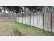 Eine lange Betonmauer grenzt eine Grünfläche ab, daneben sind verrostete Fahrradständer und im Hintergrund ein Wald mit Metallstrommasten sichtbar. Einige Äste eines Nadelbaums ragen von oben ins Bild.