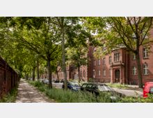 Straßenszene mit einer Baumallee und einem historischen Backsteingebäude auf der rechten Seite. Am Straßenrand parken mehrere Autos, und der Gehweg ist von Bäumen und Grünpflanzen gesäumt.