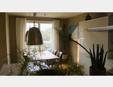 Wohnzimmer mit hellen Wänden und großen Fenstern, die von weißen Vorhängen eingerahmt sind. Im Vordergrund befinden sich Zimmerpflanzen, darüber hängen drei metallische Lampenschirme, im Hintergrund ein langer Holztisch mit Stühlen sowie eine moderne, weiße Kücheneinrichtung.