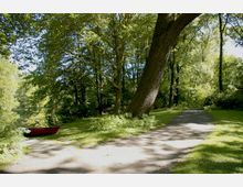 Waldlandschaft mit schattigem Weg, umgeben von hohen Bäumen und grüner Vegetation. Links im Bild steht ein kleines rotes Ruderboot auf einer Grasfläche nahe einem Gewässer.