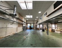 Innenansicht einer großen Lager- oder Werkhalle mit grünem Industrieboden. Die Halle hat eine weiße Decke mit eingebauten Leuchtpanelen sowie Oberlichtern, sichtbare Rohre an der Wand und eine Zwischendecke mit Stahlträgern auf der rechten Seite. Im Hintergrund sind Regale, Kartons und ein geöffnetes Tor zu sehen.