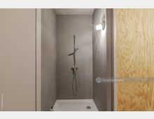 Begehbare Dusche mit grauen Mosaikfliesen an den Wänden, einer Duschstange mit Brause, und einer schlichten weißen Duschwanne; seitlich eine Holztür und eine Wandlampe zur Beleuchtung.