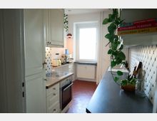 Schmale Küche mit weißen Schränken, einer schwarzen Arbeitsplatte und sechseckigen weißen Fliesen an der Wand. Sichtbar sind ein Elektroherd, eine Spüle, ein Fenster, hängende grüne Pflanzen und Küchenutensilien sowie Bücher auf einem Regal.