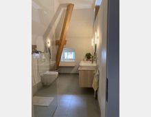 Modernes Badezimmer mit schräger Holzträgerkonstruktion an der Decke, einer Wand mit einem großen Spiegel und Waschbecken in einem Holzunterschrank. Links befinden sich eine Toilette und eine begehbare Dusche mit Glaswand, im Hintergrund eine kleine Fensteröffnung.