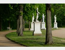 Ein Landschaftspark mit einem Schotterweg, mehreren weißen Marmorstatuen auf Sockeln und Bäumen, die Schatten spenden. Im Hintergrund ist eine Hecke sowie eine einzelne Parkbank zu sehen.