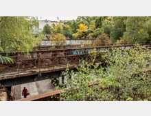 Verlassene Eisenbahnbrücke mit rostigen Geländern, überwachsen von Büschen und Bäumen; im Hintergrund befinden sich Graffiti und Wohngebäude, darunter ein Gehweg mit einer Person.