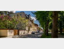 Straßenansicht einer ruhigen, kopfsteingepflasterten Allee mit Wohnhäusern im klassischen Stil auf der linken Seite und großen, grünen Bäumen auf der rechten Seite. Im Vordergrund sind geparkte Autos, blühende Sträucher und ein Zaun zu sehen.