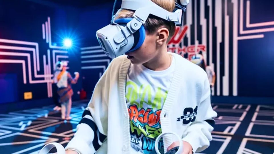 Innenraum einer VR-Erlebniszone mit dunklen Wänden und Boden, die von leuchtenden, geometrischen Linienmustern in Weiß und Rosa durchzogen sind. Im Hintergrund sind Neonakzente, Beschilderung und ein offener Spielbereich zu sehen.