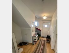 Schmaler Eingangsflur mit hellem Holzboden, weißer Decke und Deckenleuchte, der zu einer weißen Haustür mit rundem Bullaugenfenster führt. Links stehen ein Einbauschrank unter der Treppe und ein kleiner Konsolentisch mit Spiegel, rechts eine Sitzbank und ein langer Läuferteppich entlang des Gangs.
