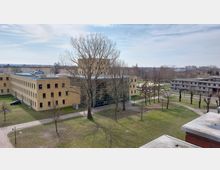 Ein modernes Gebäude aus gelblichen Ziegelsteinen mit großen Glasfassaden im Zentrum, umgeben von Grünflächen, Gehwegen und kahlen Bäumen. Im Hintergrund sind weitere Gebäude sowie weitläufige urbane Strukturen zu sehen.