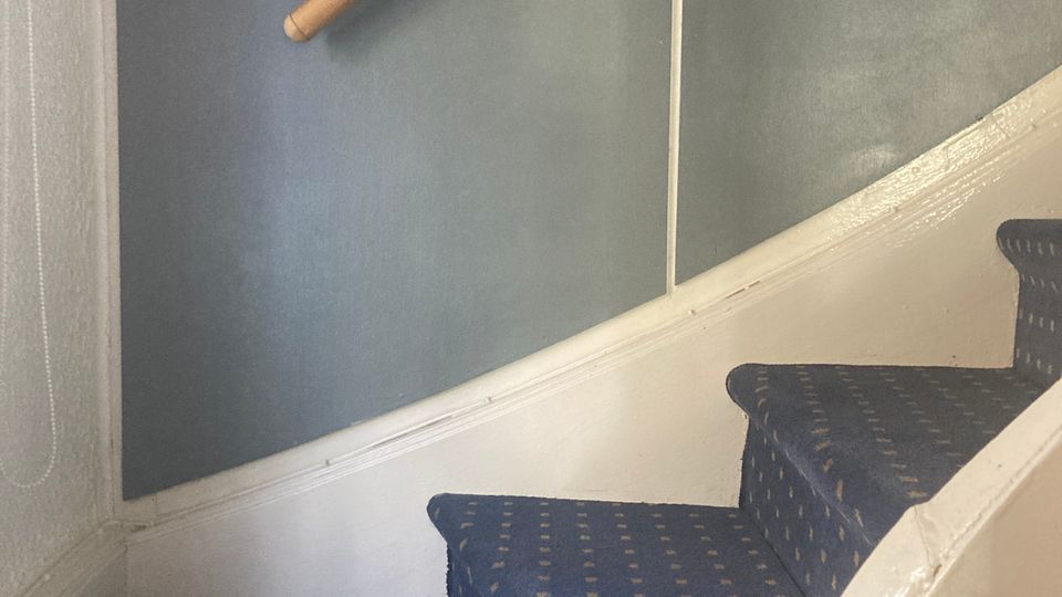Treppe mit blauem Teppichboden, der ein gepunktetes Muster aufweist. Die Wand ist in Blau gestrichen, und ein Holzhandlauf ist an der Wand befestigt.