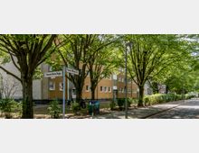 Straßenszene mit beigefarbenen Wohngebäuden im Hintergrund, umgeben von großen, schattenspendenden Bäumen. Im Vordergrund befinden sich Straßenschilder, ein Gehweg und einige parkende Motorräder.