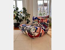 Ein bunt gemusterter, loungeartiger Sessel steht in einem hellen Wohnzimmer mit großen Fenstern, durch die Tageslicht und ein Blick auf Bäume und ein gegenüberliegendes Gebäude hereinkommen. Neben dem Sessel steht eine große Zimmerpflanze auf einem Holzfußboden, teilweise bedeckt von einem beigefarbenen Teppich.