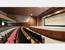 Ein leerer, moderner Veranstaltungssaal mit abgestuften Sitzreihen in verschiedenen Farben, die sich zu einer breiten Bühne erstrecken. Die Wände und die Decke sind aus Holzpaneelen, und die Bühne ist mit einem Vorhang und einer großen Projektionsfläche ausgestattet.