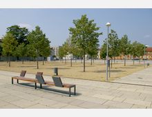 Offener Platz mit Bäumen, sandigem Boden und gepflasterten Wegen. Im Vordergrund stehen drei moderne Sitzbänke mit Metall- und Holzelementen, im Hintergrund sind Gebäude, Straßenlaternen und weitere Bäume sichtbar.