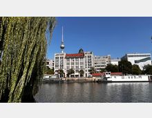 Weidenbaum am Ufer eines Flusses mit Blick auf historische und moderne Gebäude im Hintergrund; im Zentrum steht ein Gebäude mit weißer Fassade, roten Dachziegeln und Kuppeldach, während der Berliner Fernsehturm dahinter sichtbar ist. Ein weißes Boot liegt am Kai, umgeben von weiteren Gebäuden und Bäumen.