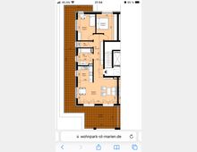 Grundriss einer Wohnung mit zwei Zimmern, Küche, Bad, Abstellraum und Flur; ein großer Wohnbereich mit angeschlossener Terrasse ist vorhanden. Die Terrasse ist rechteckig und nimmt eine bedeutende Fläche ein.