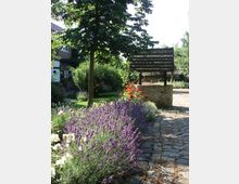 Ein idyllischer Garten mit blühendem Lavendel, roten Blumen und einem Baum im Vordergrund. Im Hintergrund stehen ein gemauerter Brunnen mit Holzdach und ein Fachwerkhaus, eingefasst von grünen Sträuchern und Bäumen.