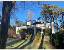 Modernes, weißes Flachdachhaus mit überdachter Terrasse, breiter Treppe und großen Glasfronten, umgeben von einem Garten mit Sträuchern und hohen Bäumen. Im Vordergrund liegt eine Rasenfläche, darüber ragen kahle Äste und Baumstämme vor blauem Himmel.