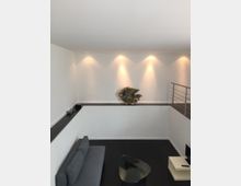 Minimalistisch eingerichteter Wohnraum mit weiß gestrichenen Wänden und dunklem Boden. An der Wand hängt eine dekorative Fischskulptur, darunter eine graue Couch, ein gläserner Couchtisch und ein niedriger Beistelltisch; dezente Deckenstrahler beleuchten den Raum.